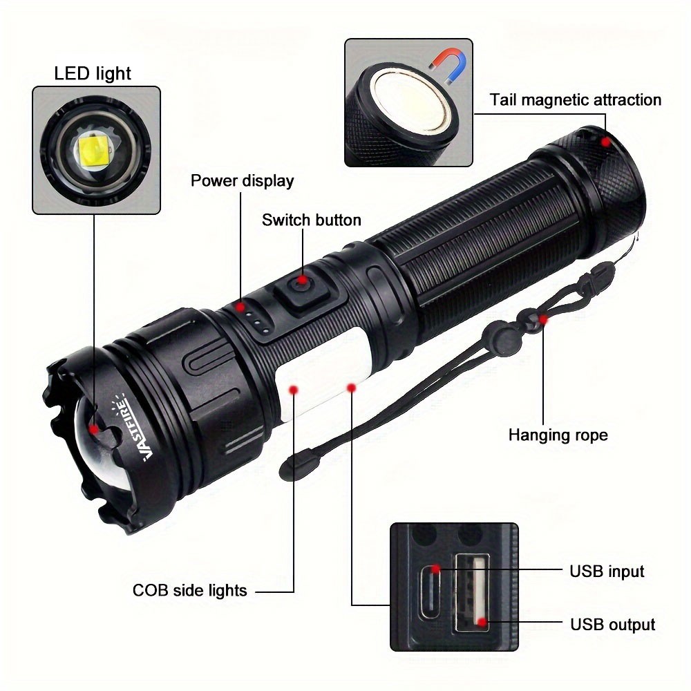 2Pack Super Bright LED Flashlight Zoomable USB Rechargeable COB Light Torch