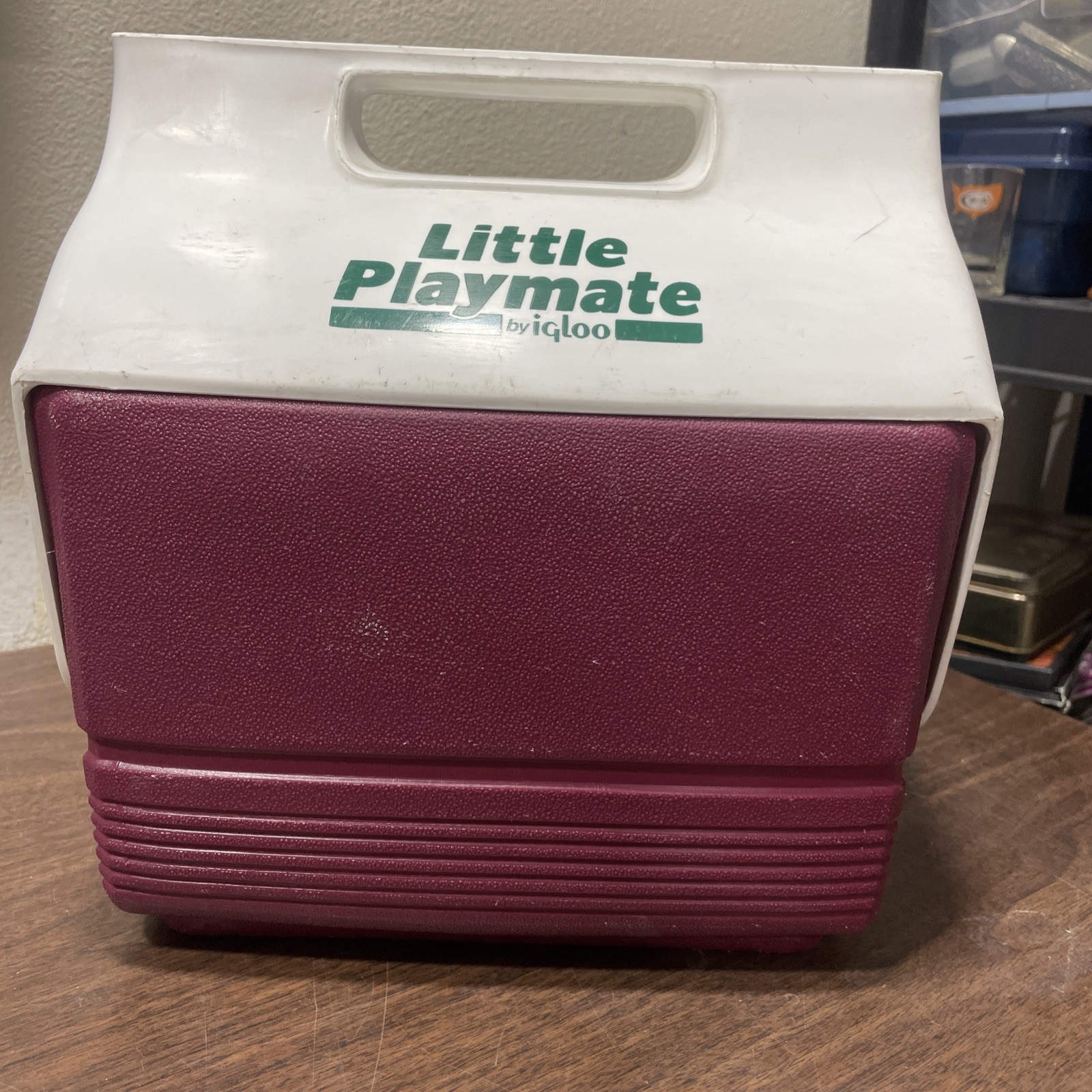 Vtg 80s Little Playmate Igloo Cooler Maroon Green White Push Button Lunch 6 Pack