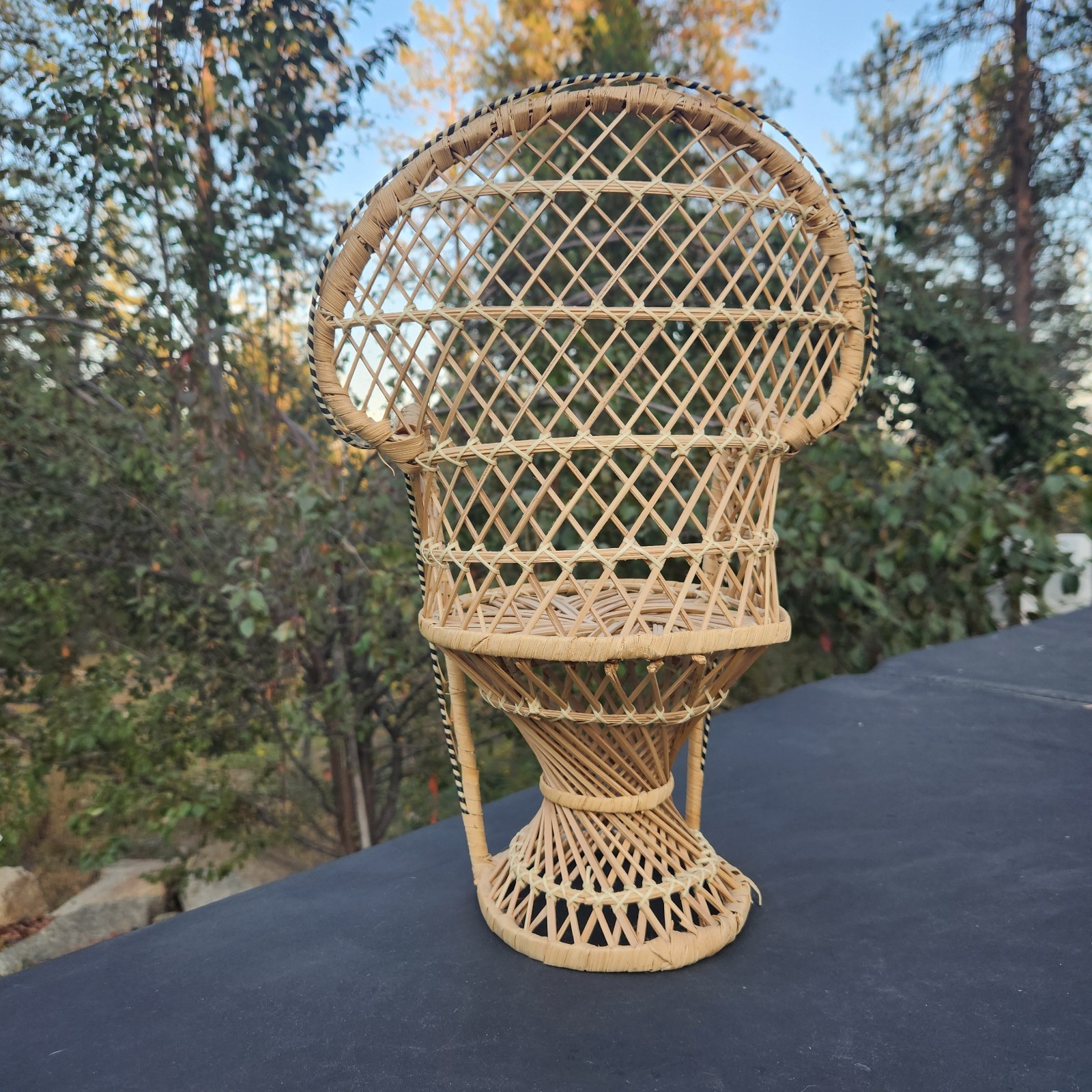 Vtg Peacock Fan Back Rattan Chair 16” Plant Stand Wicker Boho