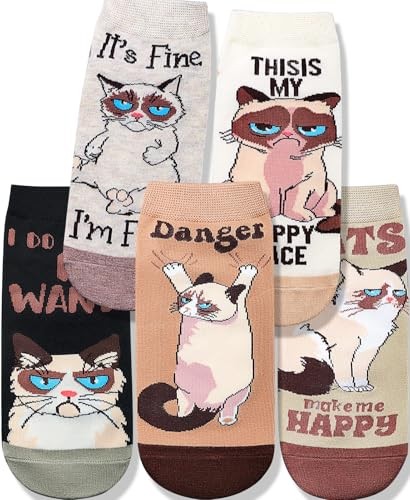 Funny Animal Socks for Women - Cute Dog and Cat 6-10 003 - 5 Pairs - Cat 1