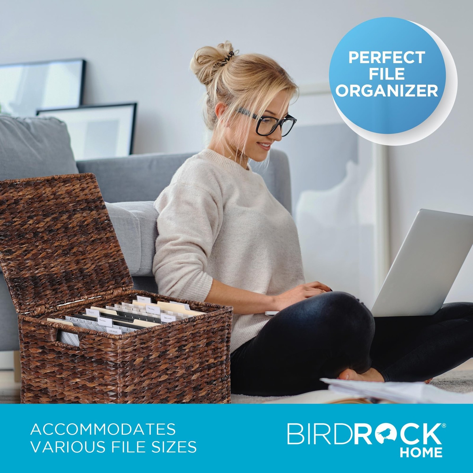BIRDROCK HOME Seagrass Rolling File Cabinet - Storage Organizer Box with Lid ...