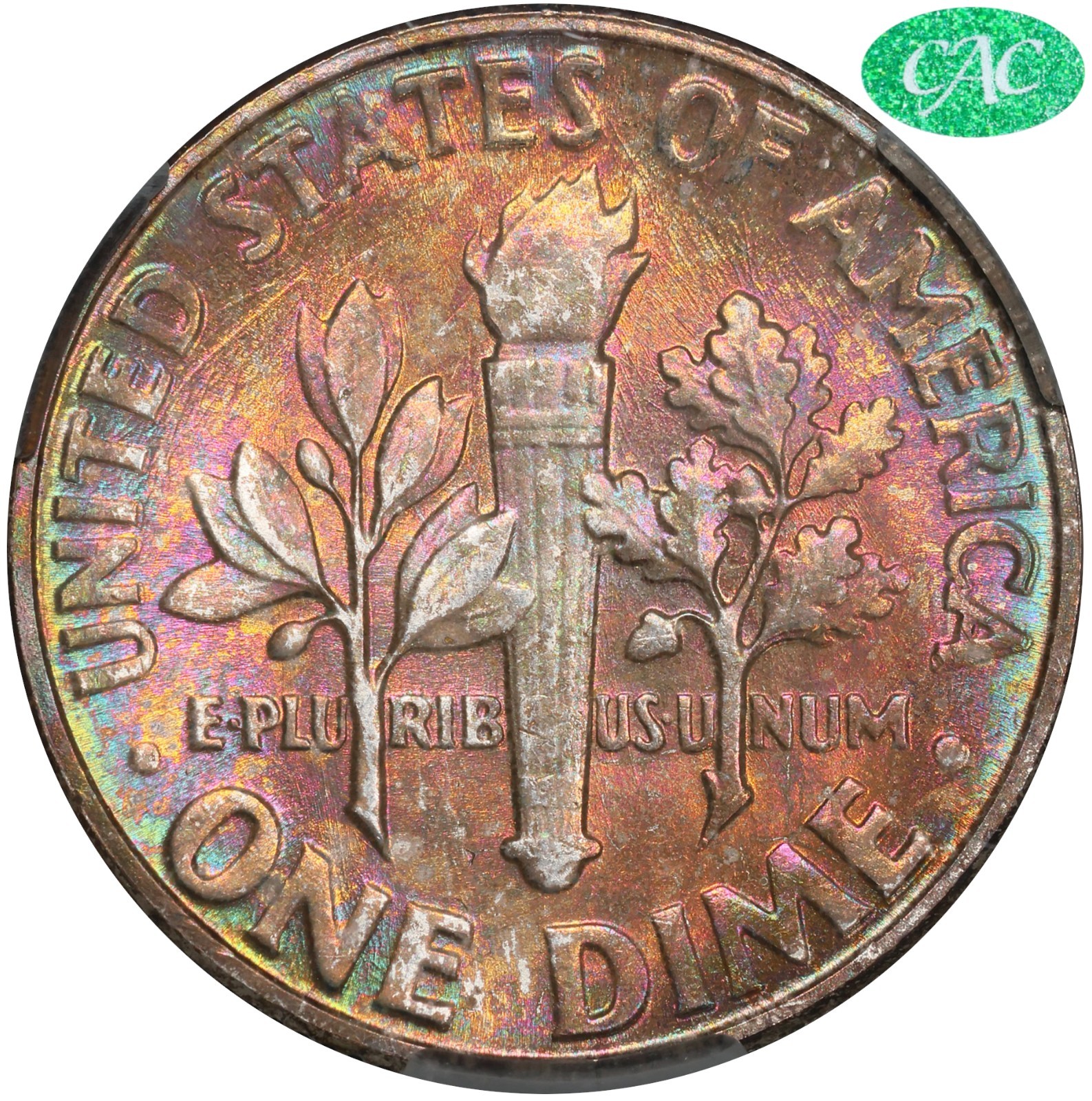 1958 Toned Roosevelt Dime CAC MS 67 See Video Toning Silver Coin CACG 10C