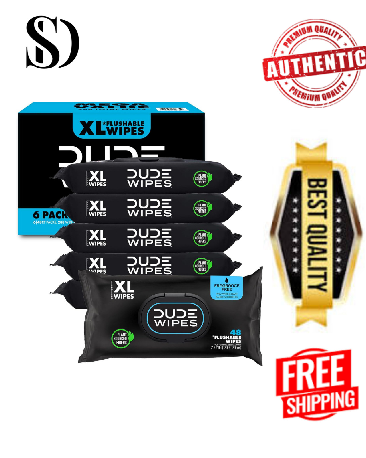 DUDE Wipes - Flushable Wipes - 6 Pack, 288 Wipes - Unscented Extra-Large