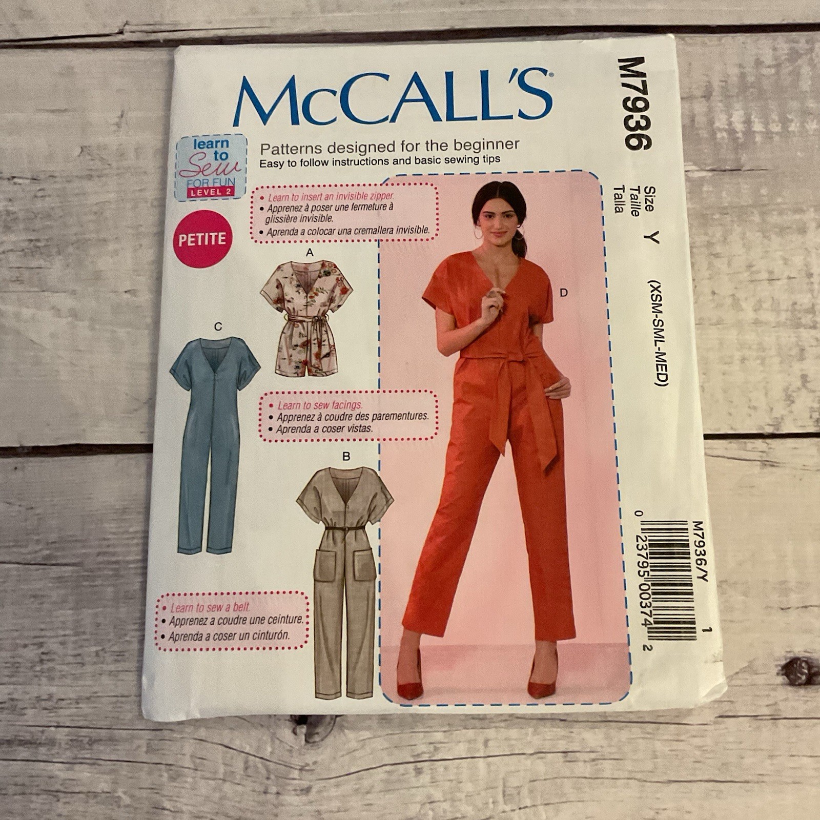 McCalls 7936 Sewing Pattern Jumpsuit Romper V-Neck Tie Belt Pocket XS-M UNCUT