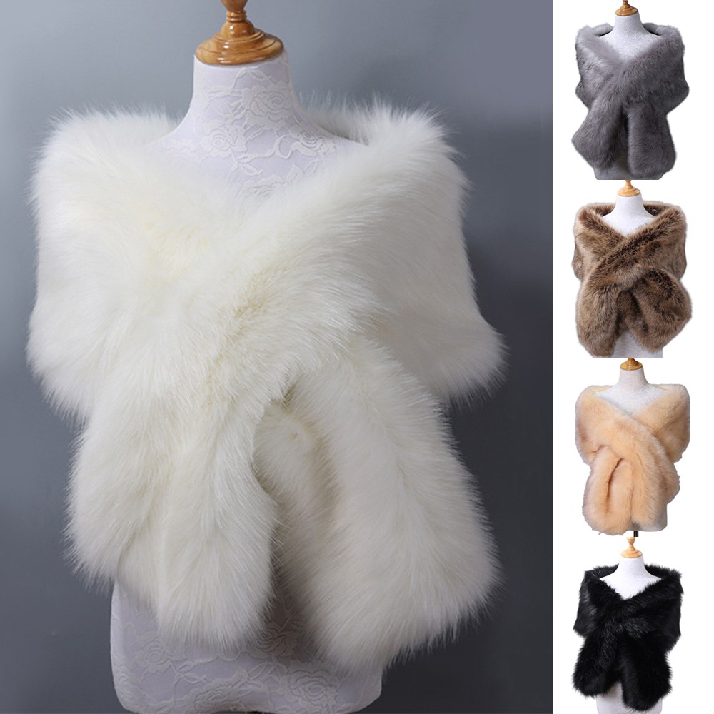 Womens Fluffy Faux Fur Shawl Stole Cape Wedding Bridal Warm Wrap Shrug Scarves ☋
