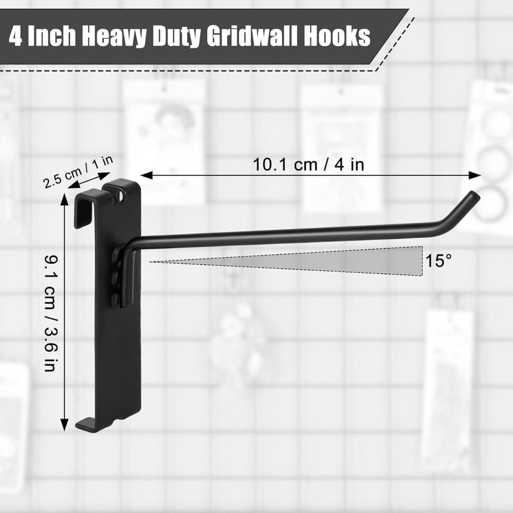 Gridwall Hooks - 4 Inch Heavy Duty Black Display Hooks for Grid Wall Panel