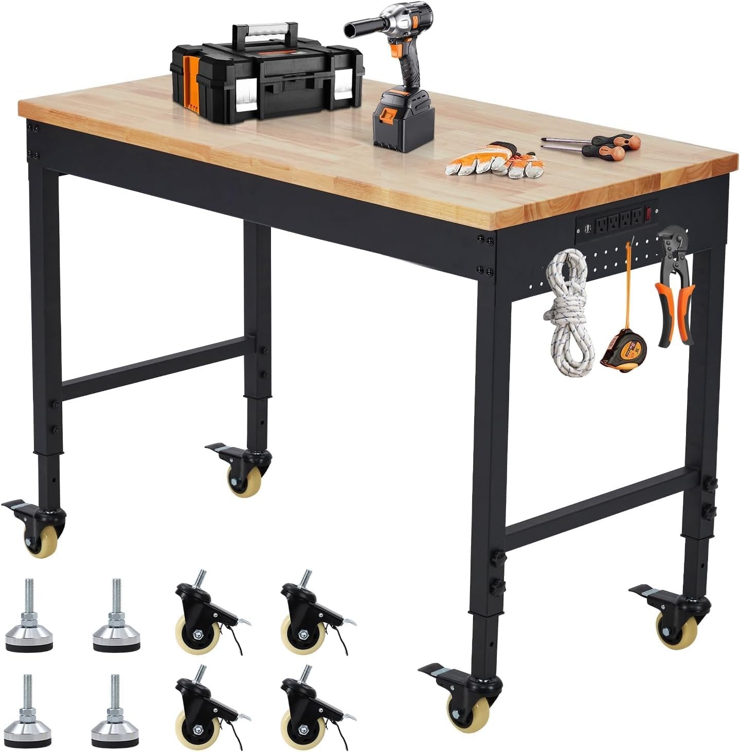 60" L Heavy-Duty Adjustable Workbench with Wheels & Power Outlets Work Bench
