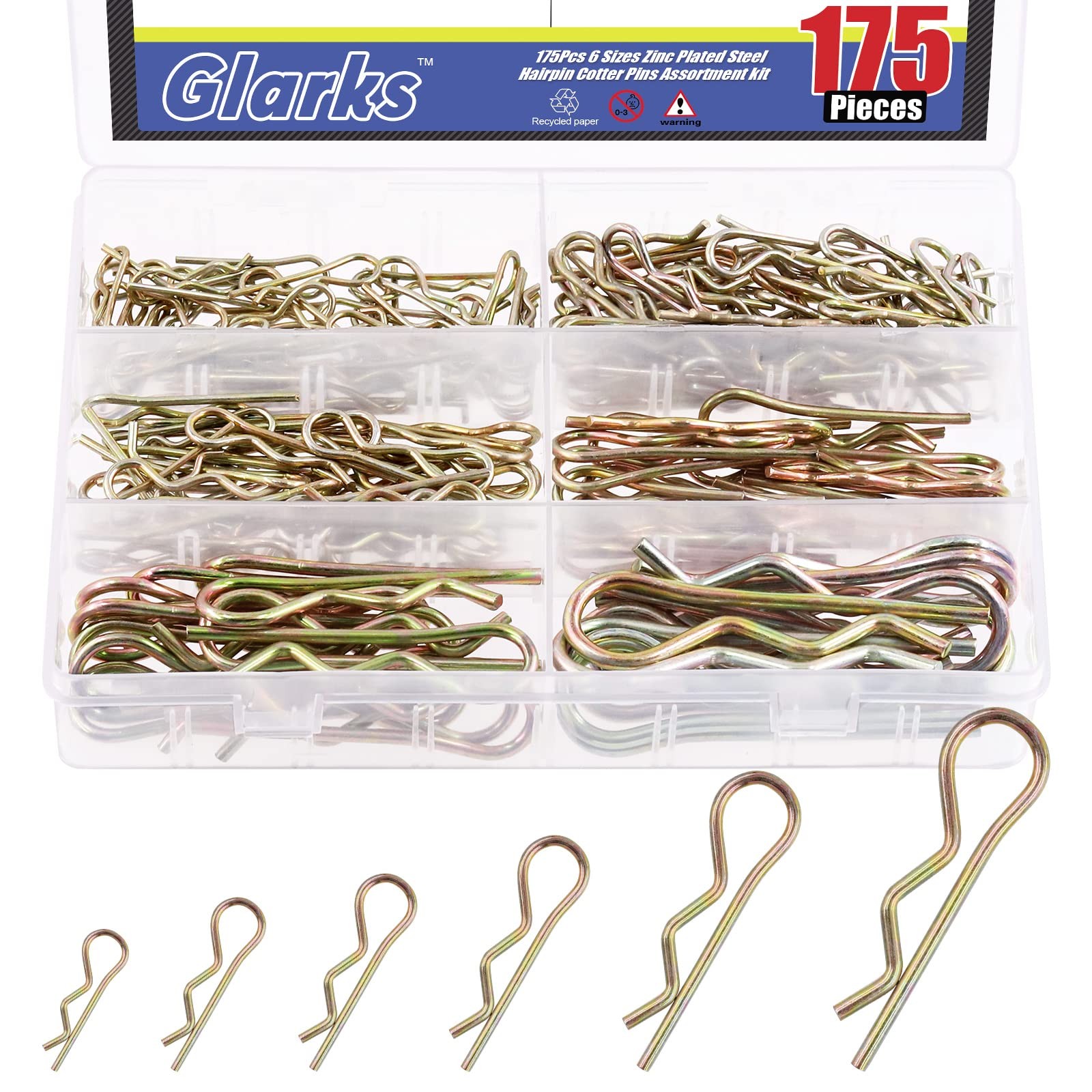 175Pcs Hairpins R Clips Cotter Pins Assortment Kit 6 Sizes Zinc Plated Carbon St