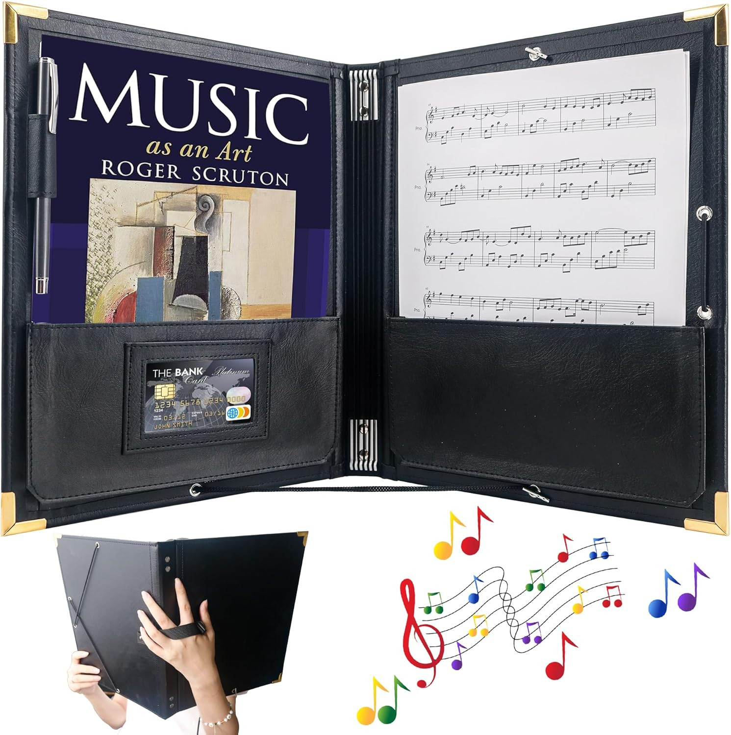 PU Leather Sheet Music Folder, 12.5" X 10" Choir Folder with Elastic String & Ha