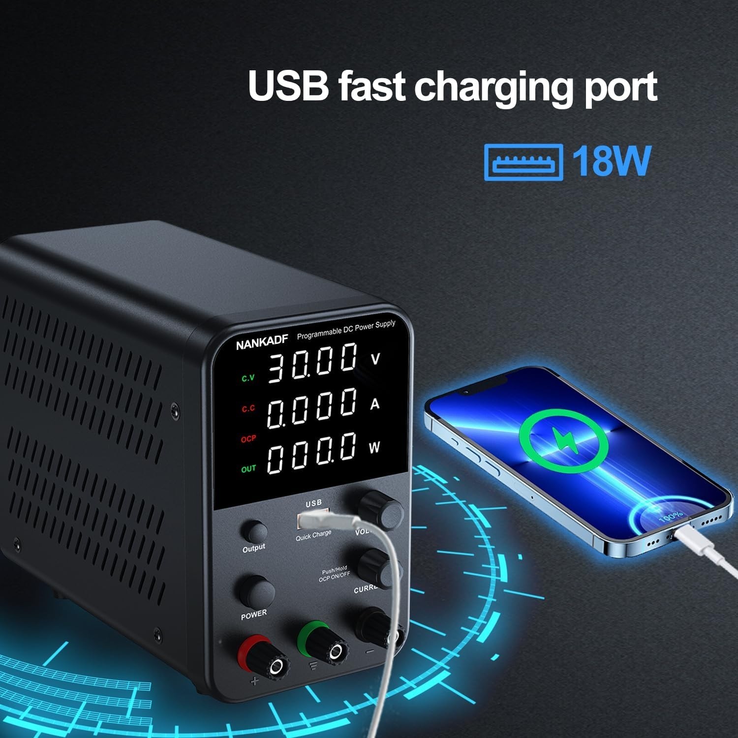 Compact Variable DC Power Supply with Encoder Knob and USB Quick Charge, 300W