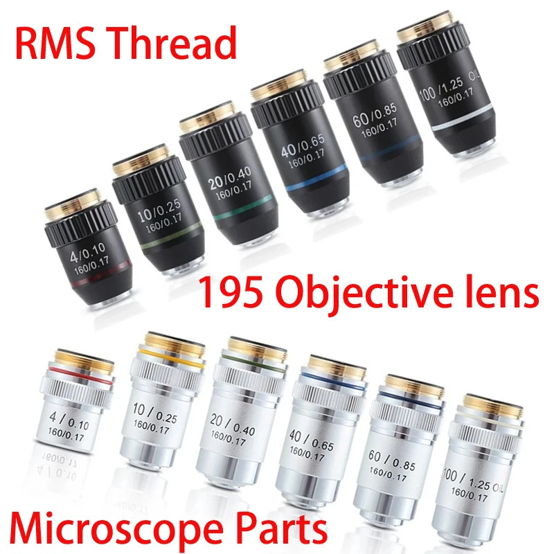 195 Black Silver Achromatic Objective Lens 4X 10X 20X 40X 60X 100X RMS 20.2mm