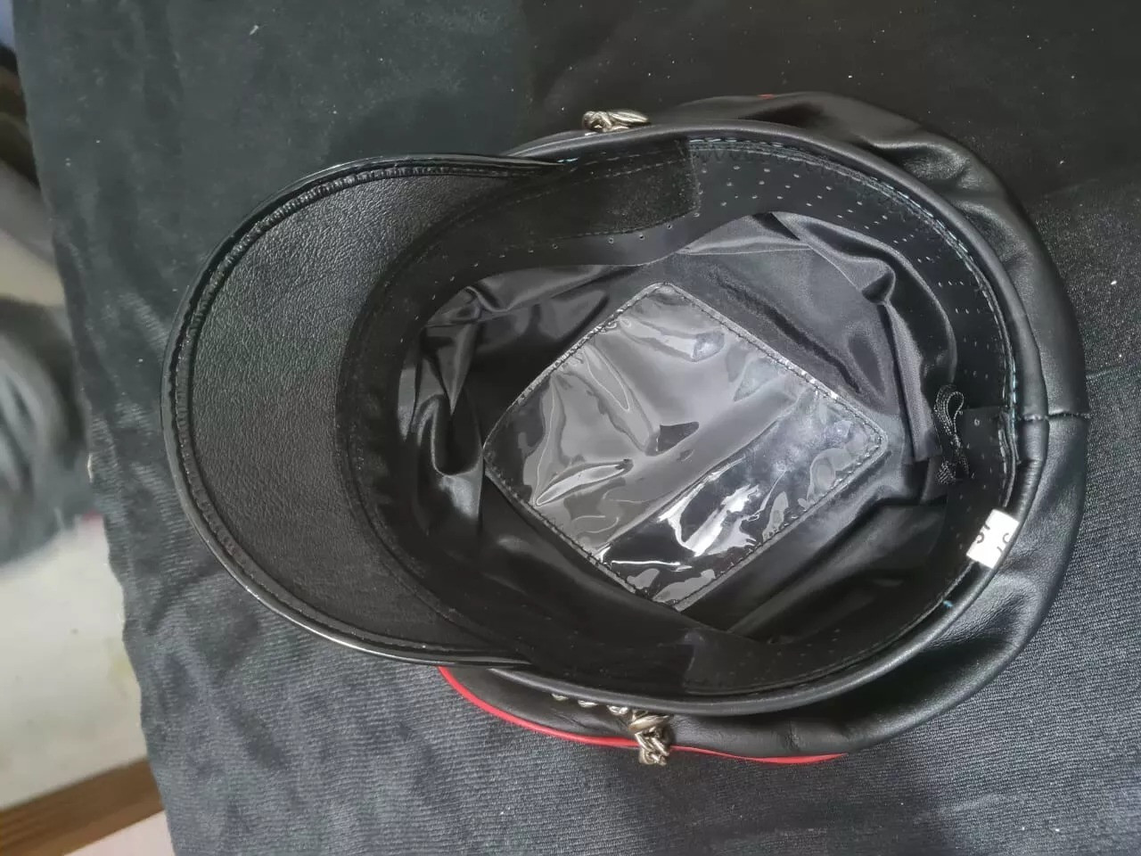 Brand new Black Genuine Leather Biker Army Fetish Peak Muir cap with Chain