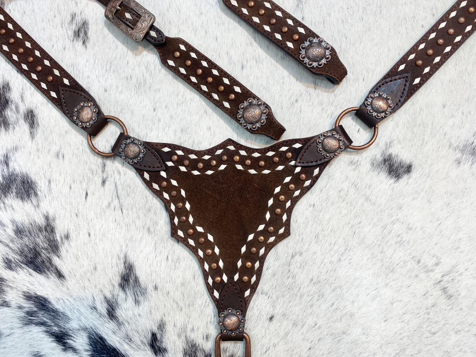 Genuine Western Headstall and Breast Collar Set with Copper Studs Décor MOUSM