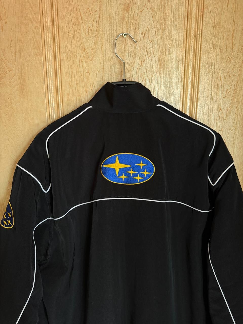 SUBARY WRC RACING RALLY POLYESTER COTTON BOMBER JACKET BLACK VINTAGE MENS SIZE L