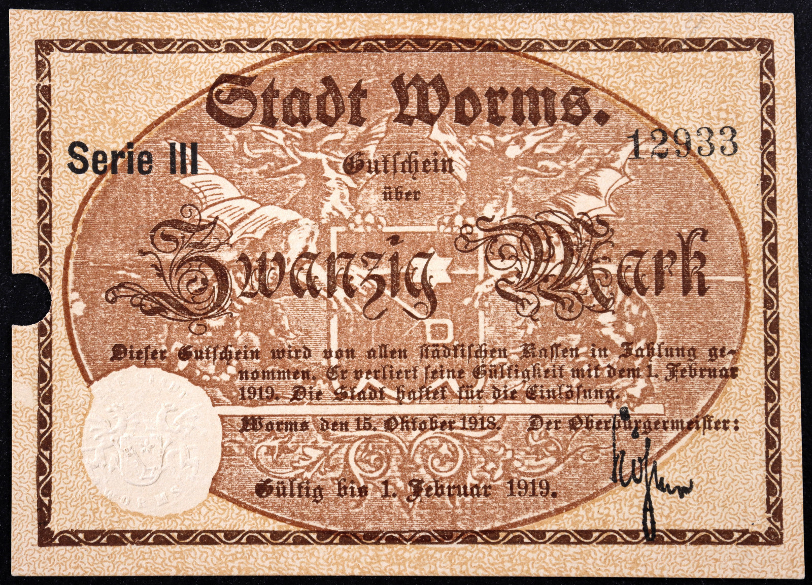 WORMS 1918 20 Mark Grossnotgeld German Notgeld Banknote