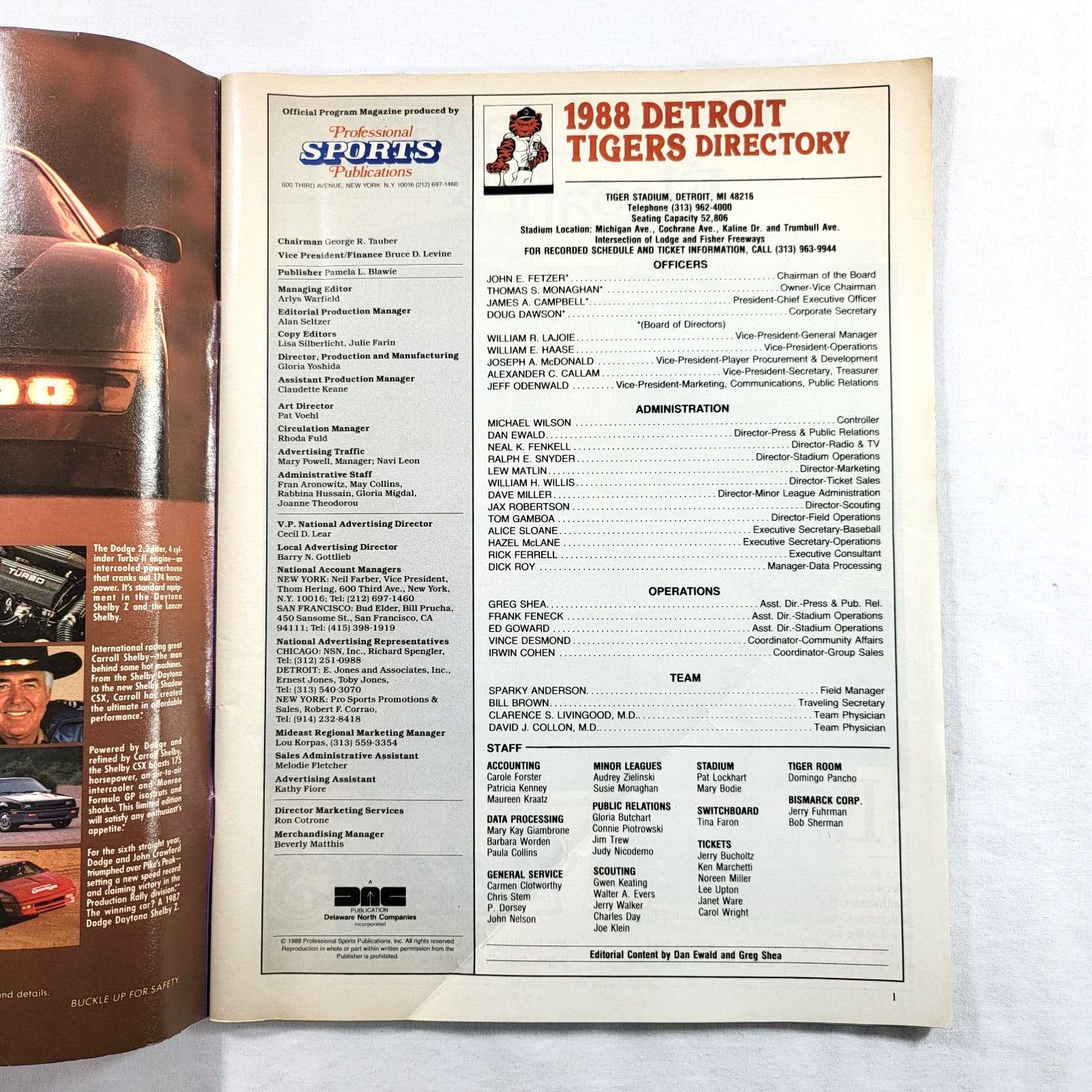 Detroit Tigers 1988 Scorebook & Official Program vs Seattle Mariners