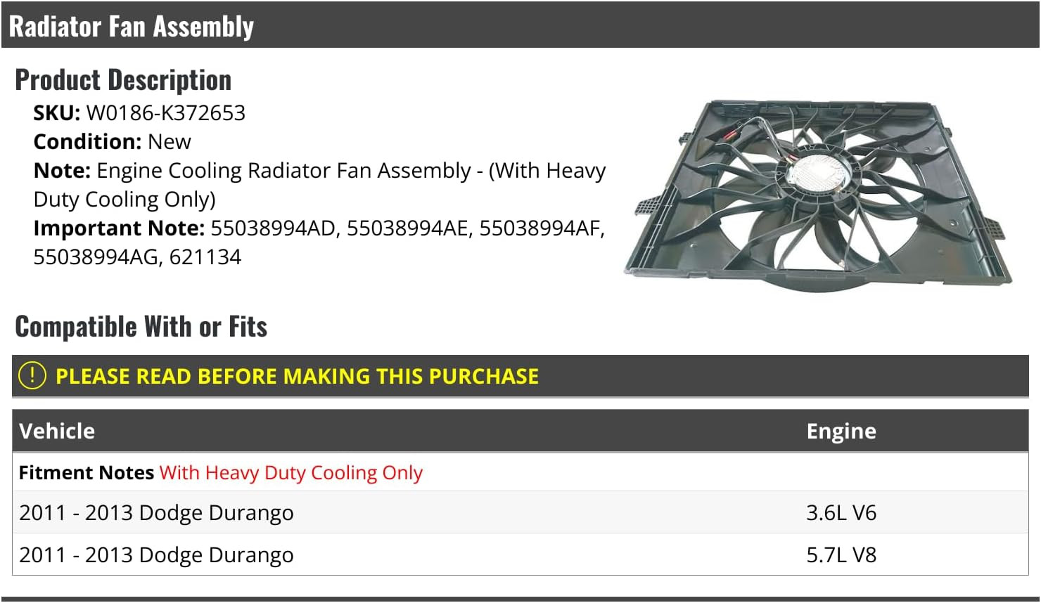 Radiator Fan Assembly for 2011-2013 Dodge Durango Heavy Duty Cooling 3.6L 5.7L