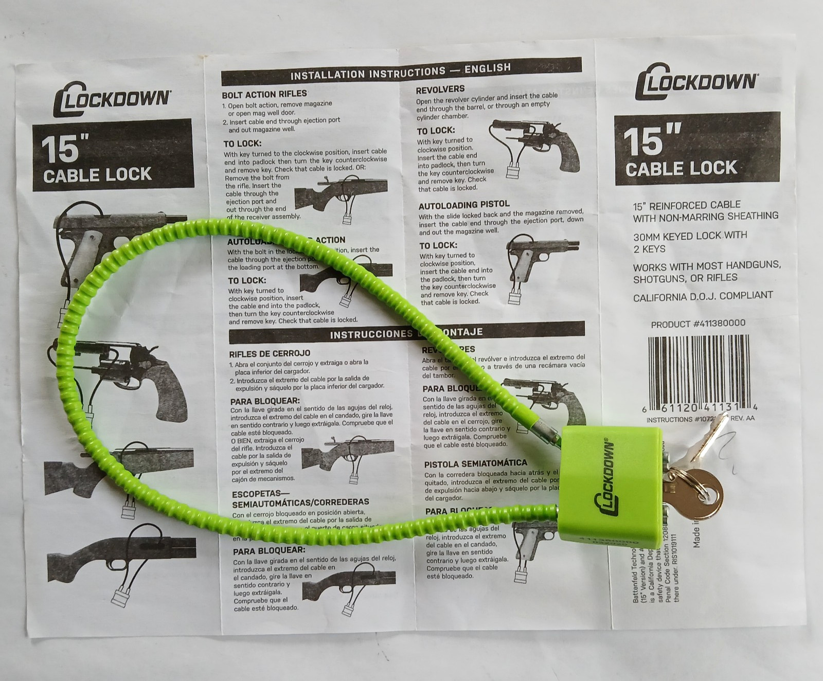 Lockdown Firearm Cable Lock Handgun Rifle Shotgun Gun 15” Green 2 Keys