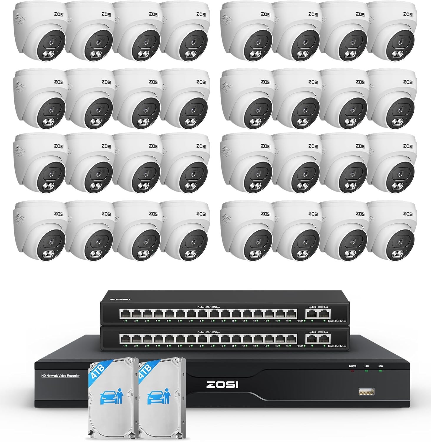 ZOSI 8TB HDD 32CH H.265+  NVR 32pcs 4K PoE Security Camera System AI Detect