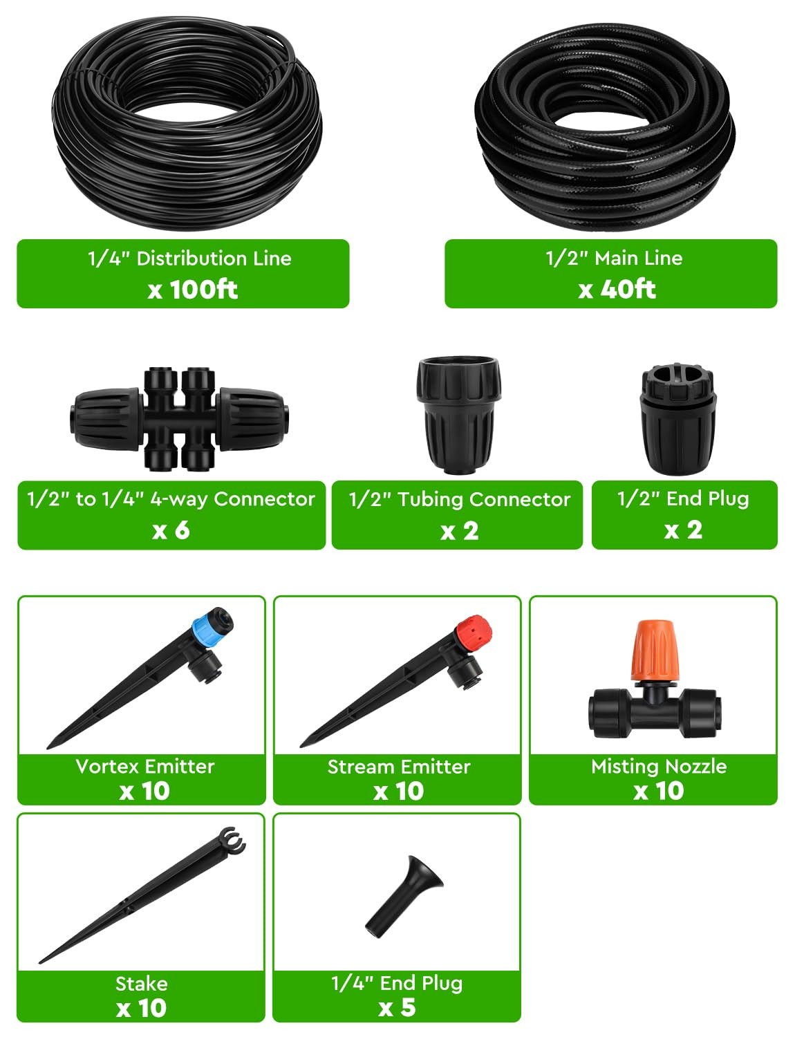 Landtouch Drip Irrigation System, 40FT 1/2" Mainline & 100FT 1/4" 140 FT