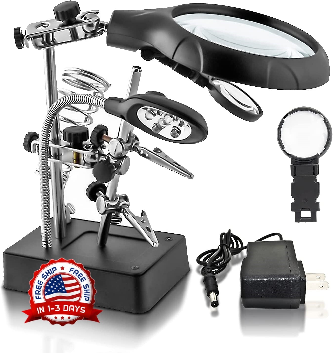 Soporte Con 3 Lupas De Aumento Y Luz Led Para Soldadura Manual 2.5X 7.5X 10X NEW