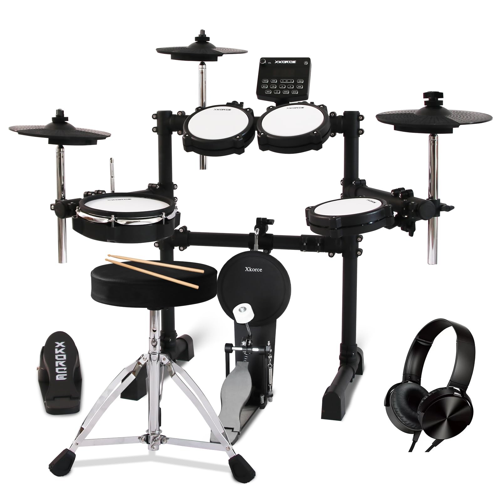 Xkorce Electronic Drum Set  Kit with 4 Quiet Mesh Pads and 6" Kick Drum, 360
