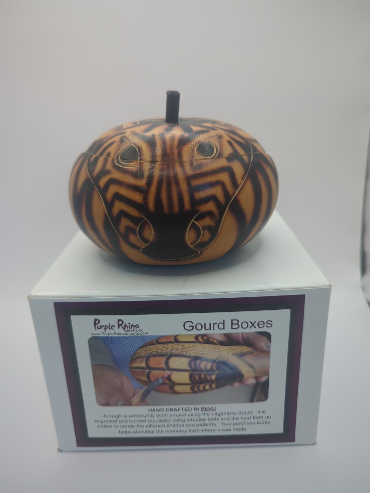 Hand Carved Hand Painted Gourd Box Stash Trinket Zebra Vintage Whimsical NIB