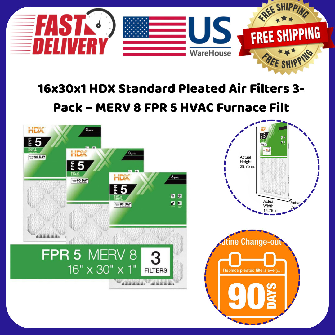 16x30x1 HDX Standard Pleated Air Filters 3-Pack – MERV 8 FPR 5 HVAC Furnace Filt