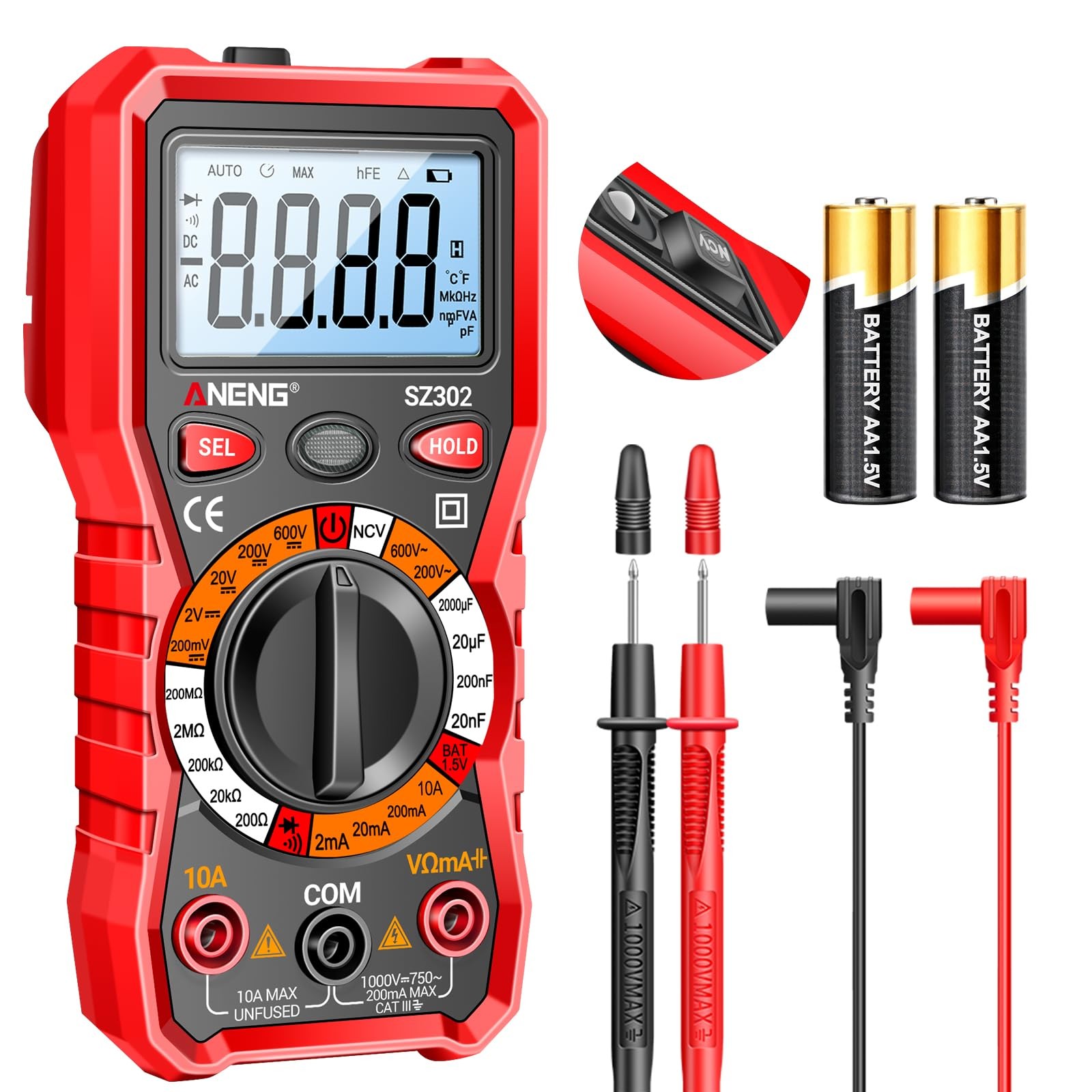 ANENG Multimeter with Backlit LCD,Ohm Volt Amp Meter,Non Rubberized Red