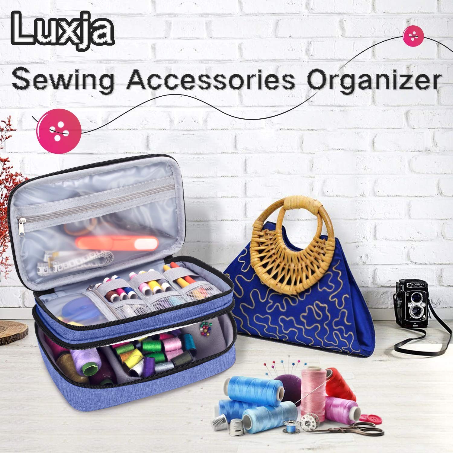 Luxja Sewing Accessories Organizer, Double-Layer Small, Dark Blue
