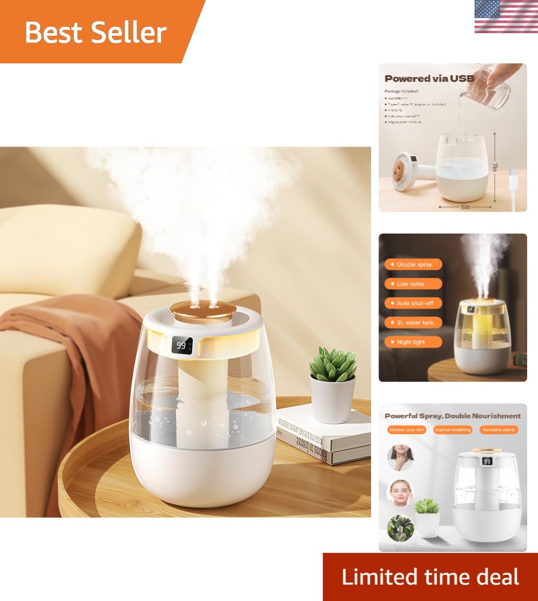 Ultra-Quiet 2L Cool Mist Humidifier with Digital Display - Peaceful Air Care