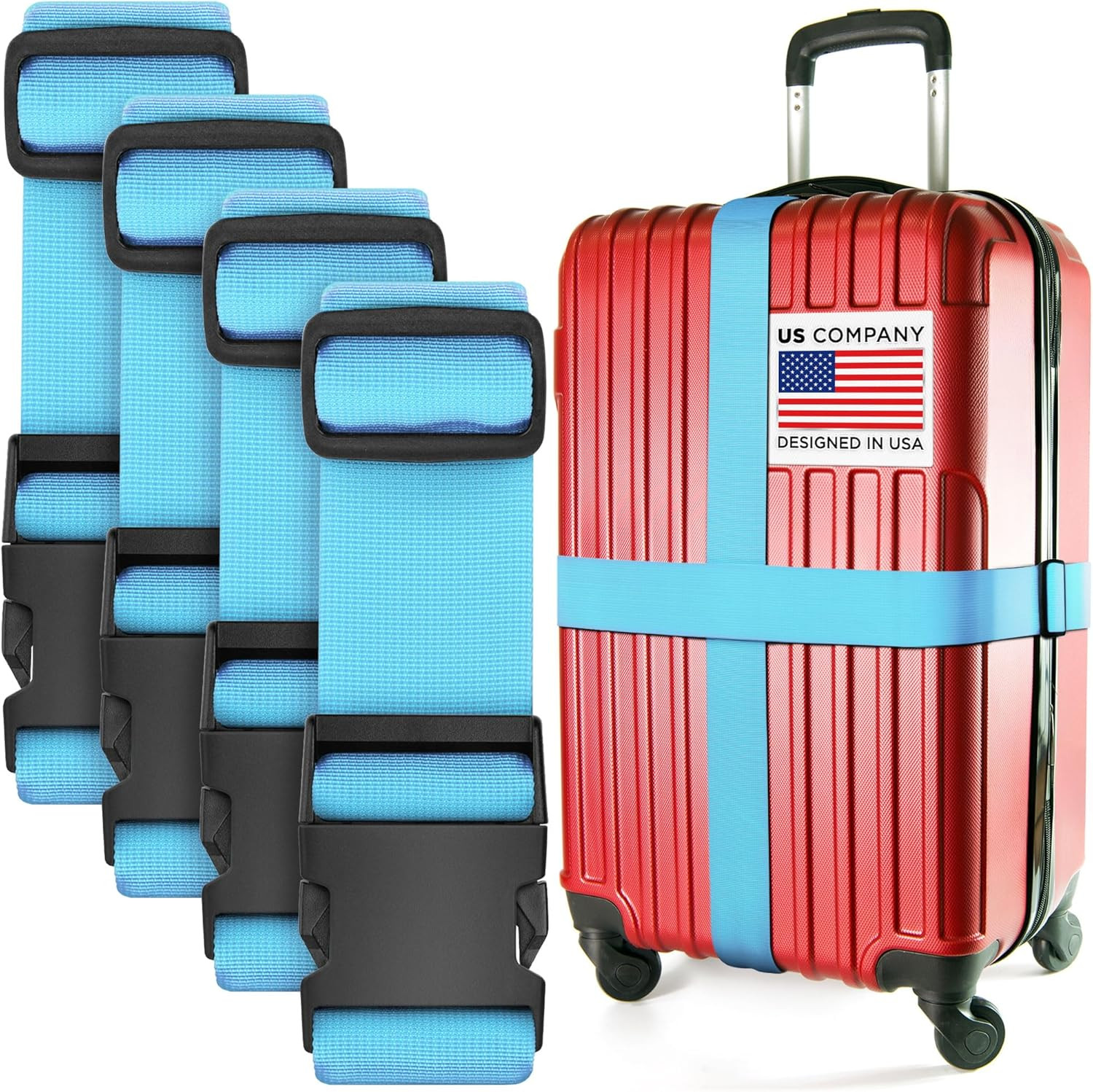 Luggage Straps for Suitcases - TSA Approved - Blue, 4 PK - Premium Nylon Belts f