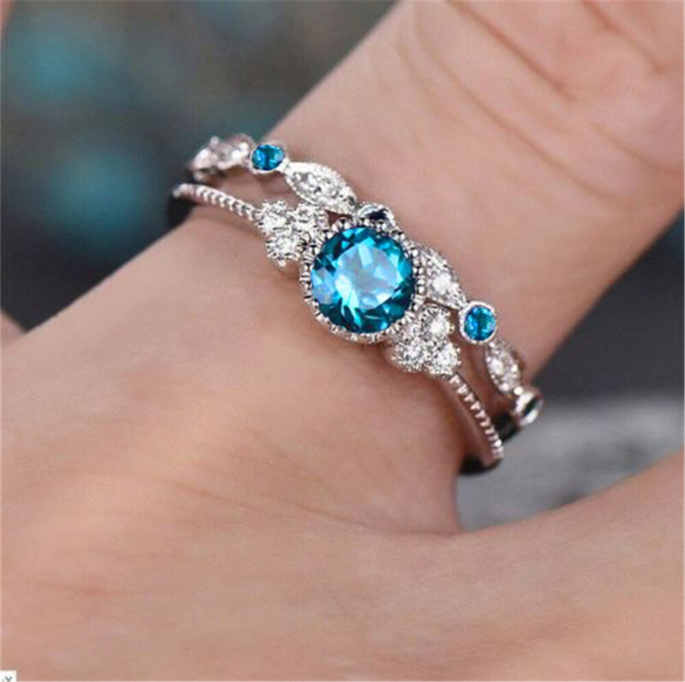 2pcs/set Women's Wedding Set Rings Alloy Silver Round Cut Emerald Ring Size 6-10