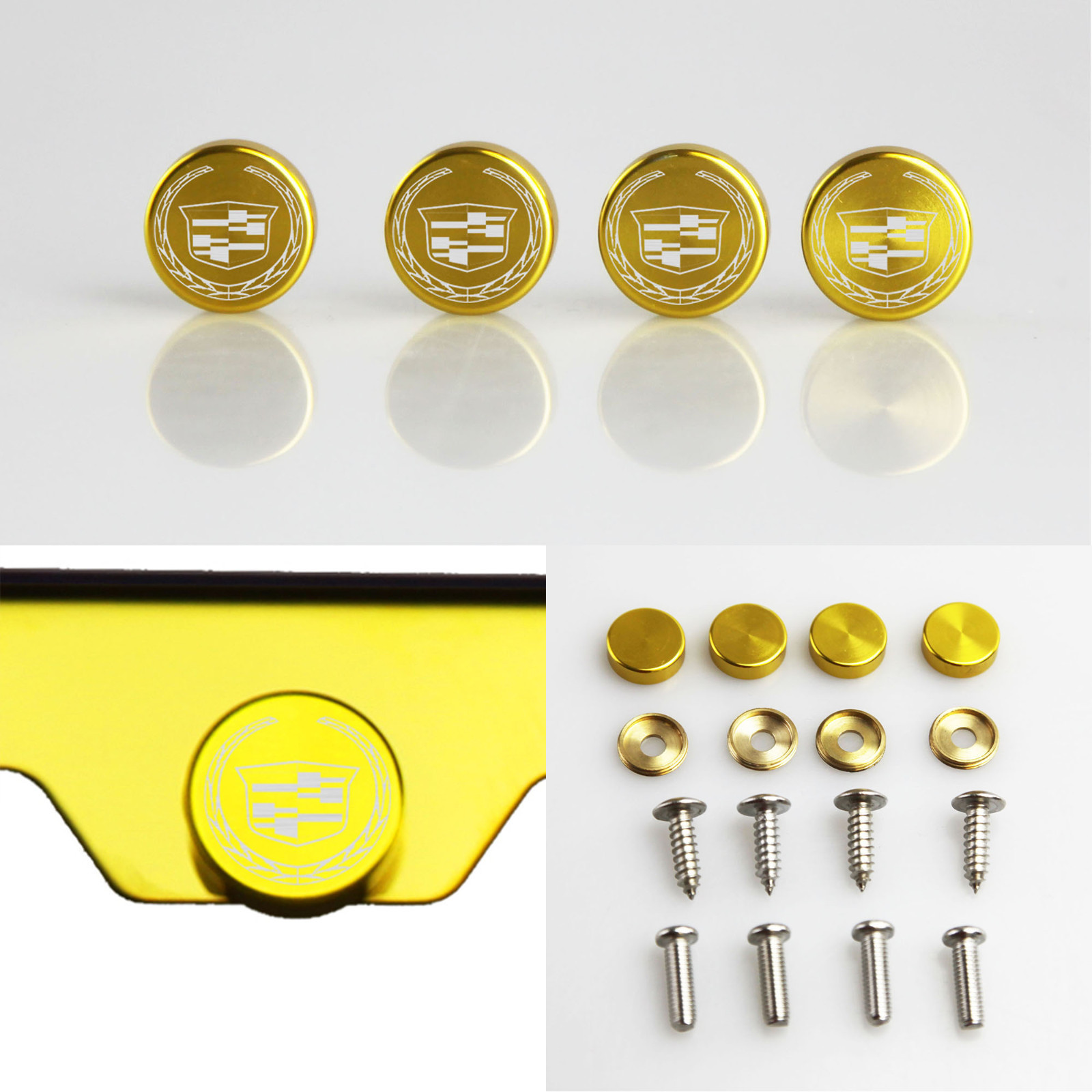 Laser Etched 4 Gold Aluminum New Cadillac License Plate Frame Bolts Screw Cap