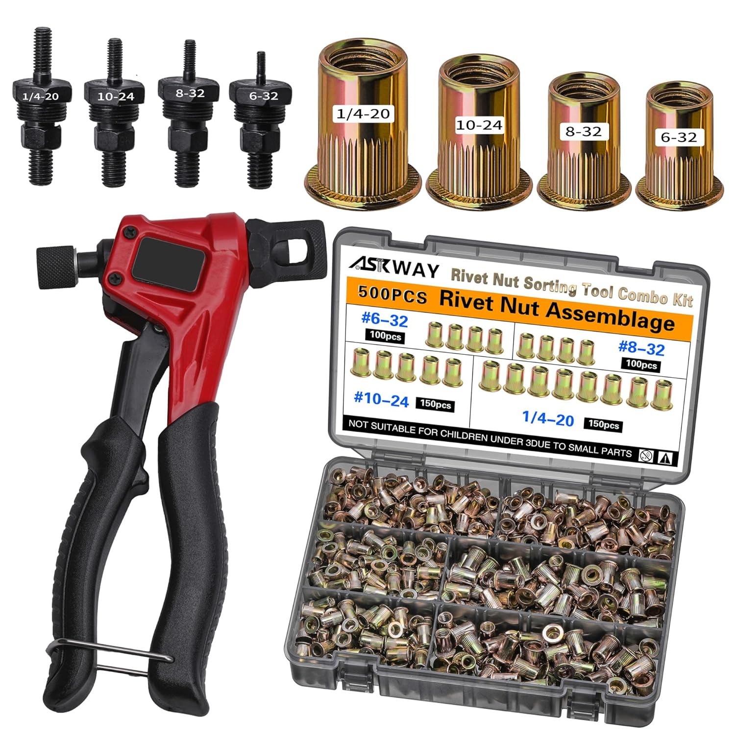 500Pcs Imperial Rivet Nut Tool Kit Multi Size for Auto Furniture Industry