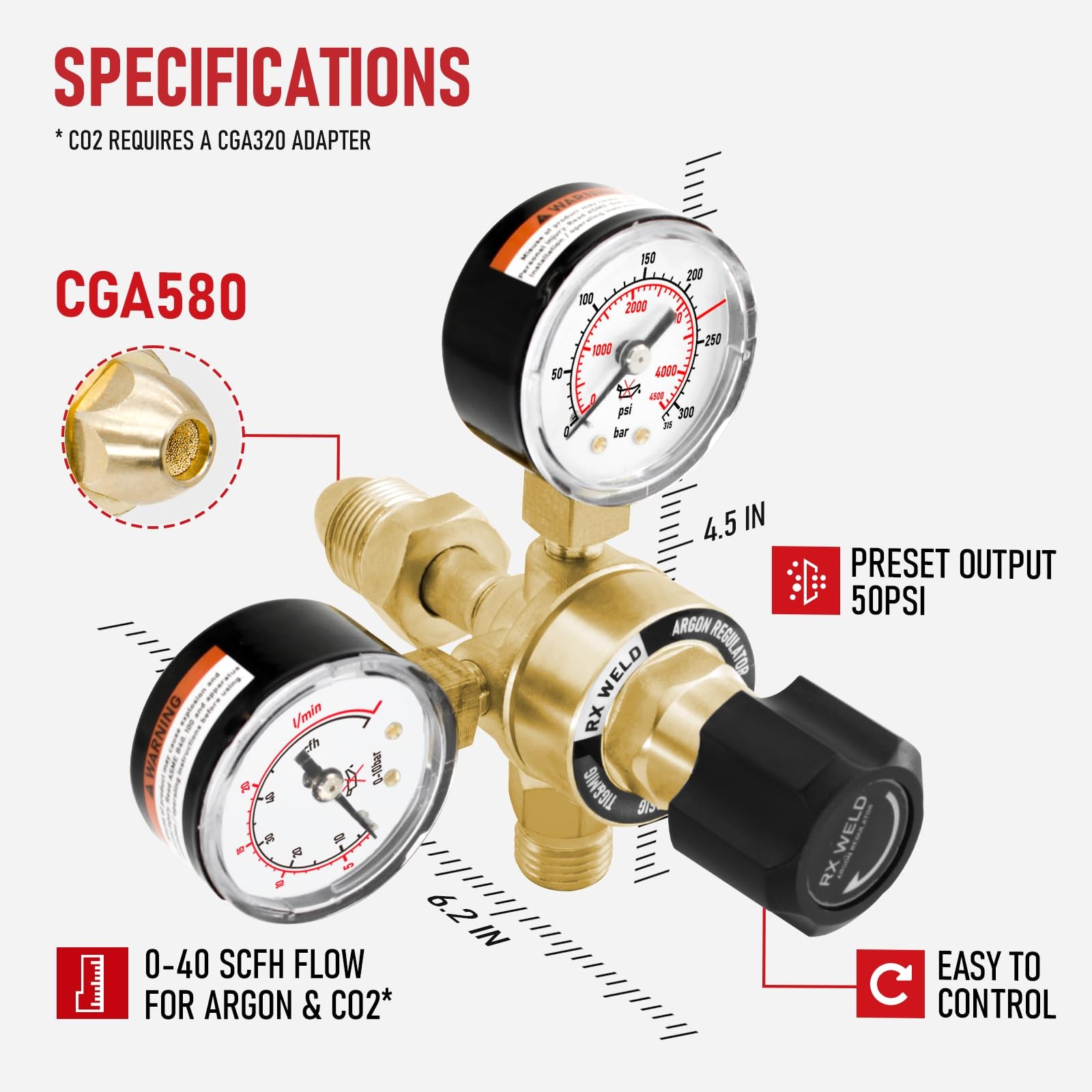 RX WELD Argon Regulators Gauges Gas Welding, Regulator for MIG and TIG, CGA58...