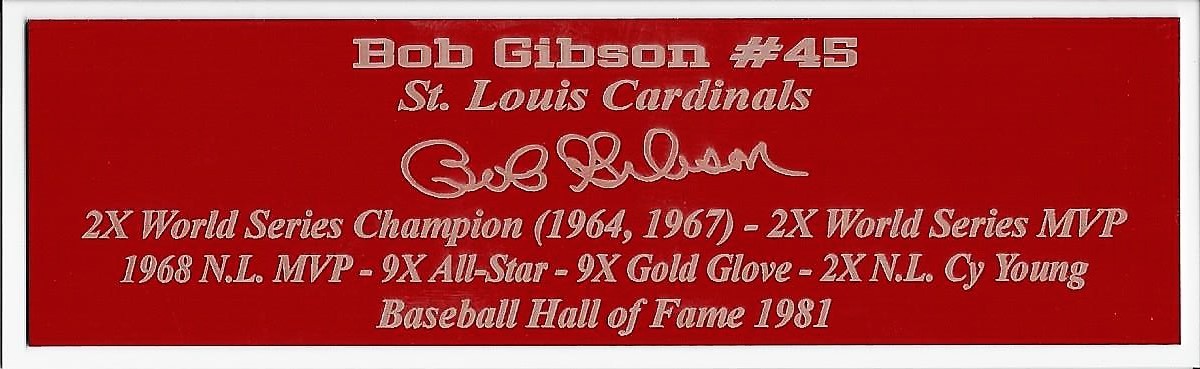 Bob Gibson Nameplate St. Louis Cardinals Autograph Photo Bat Hat Jersey