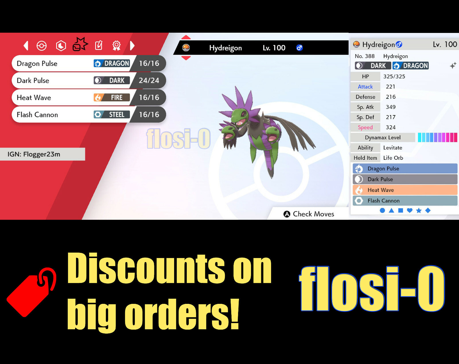 6IV Ultra Shiny Hydreigon Pokemon Sword and Shield (Square Shiny)