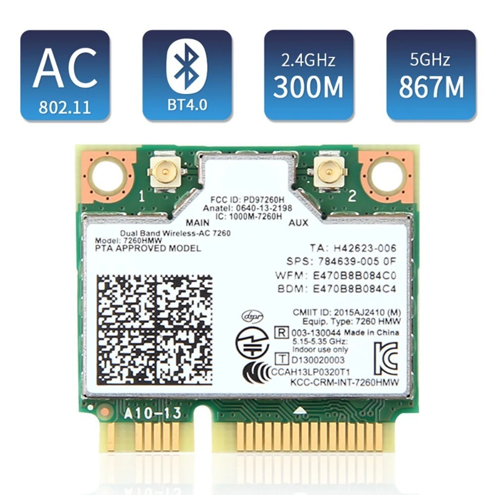 Intel 7260HMW Dual-Band Wireless-AC Card, 802.11ac WiFi + Bluetooth 4.0 for PC