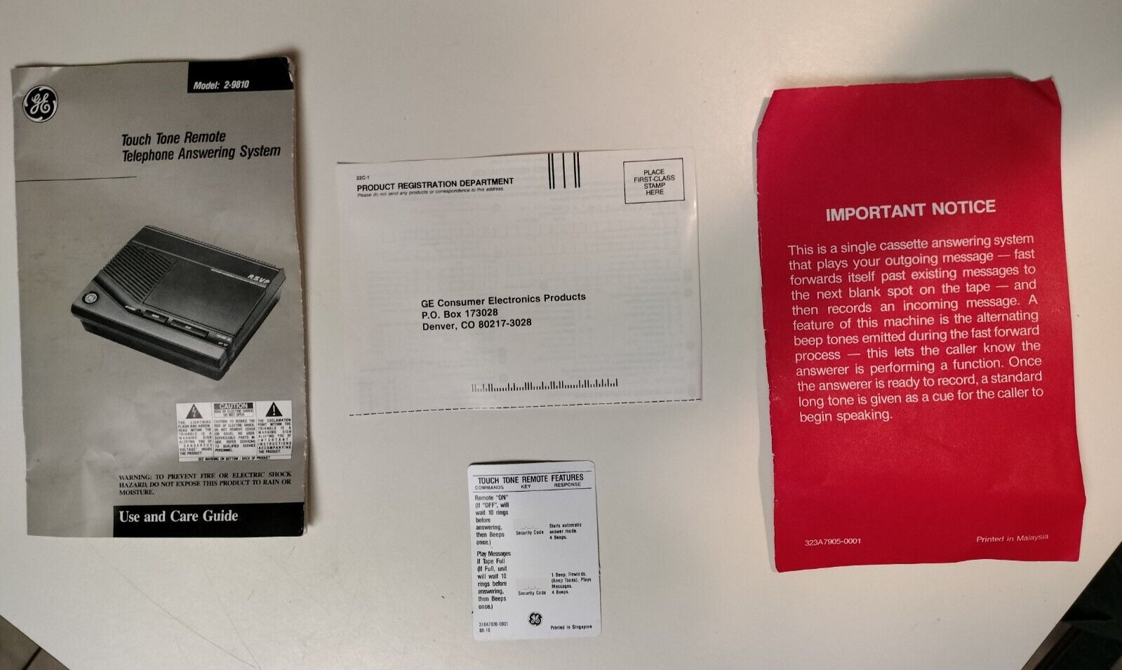 GE 2-9810 Use and Care Guide/Manual Touch Tone Remote Telephone Answering System