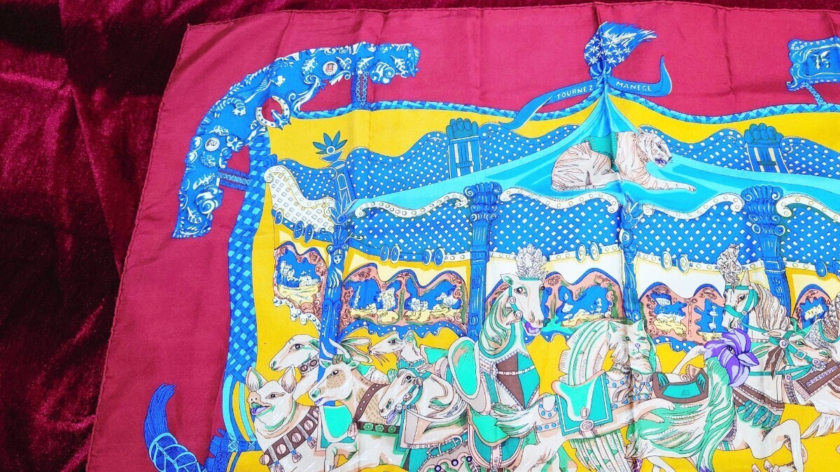 HERMES Scarf 90 TOURNEZ MANEGE Dark Red Merry Go Round Horse