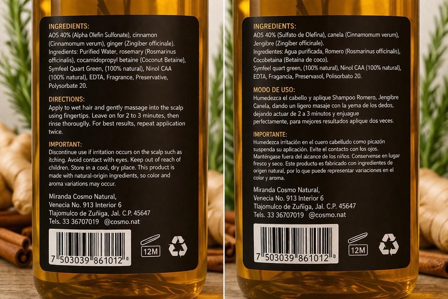AZABACHE Shampoo, Cinnamon, Ginger, Rosemary 1L