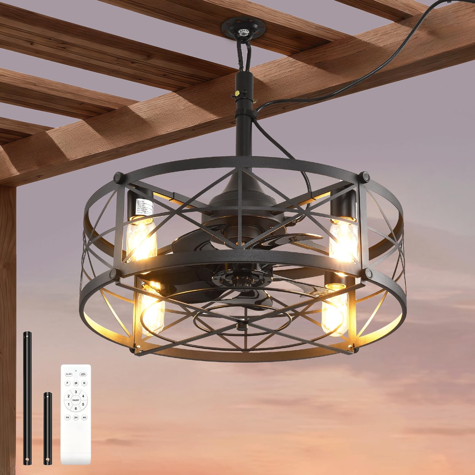 Outdoor Ceiling Fan with Light,20" Gazebo Fan Remote Control,Outdoor Hanging ...