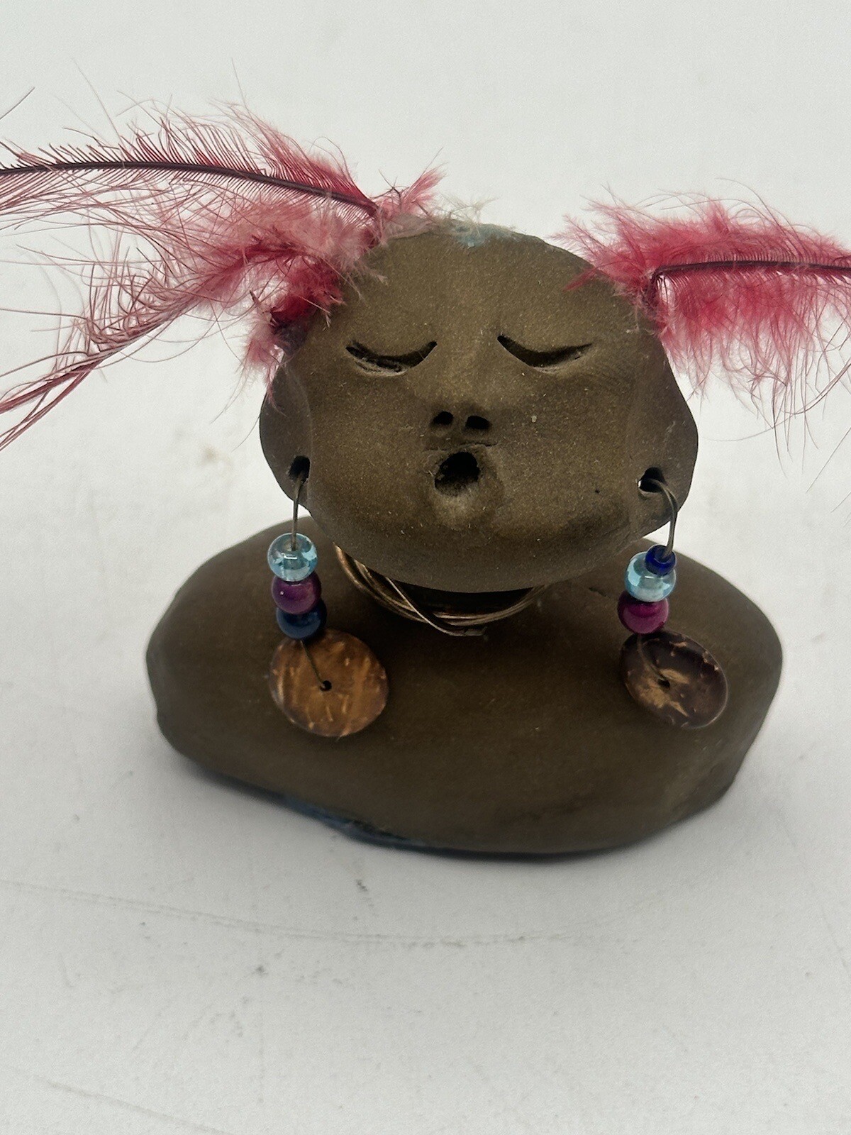 Indigenous Bust Peruvian Hand Crafted From Clay Feathers Need Replaced