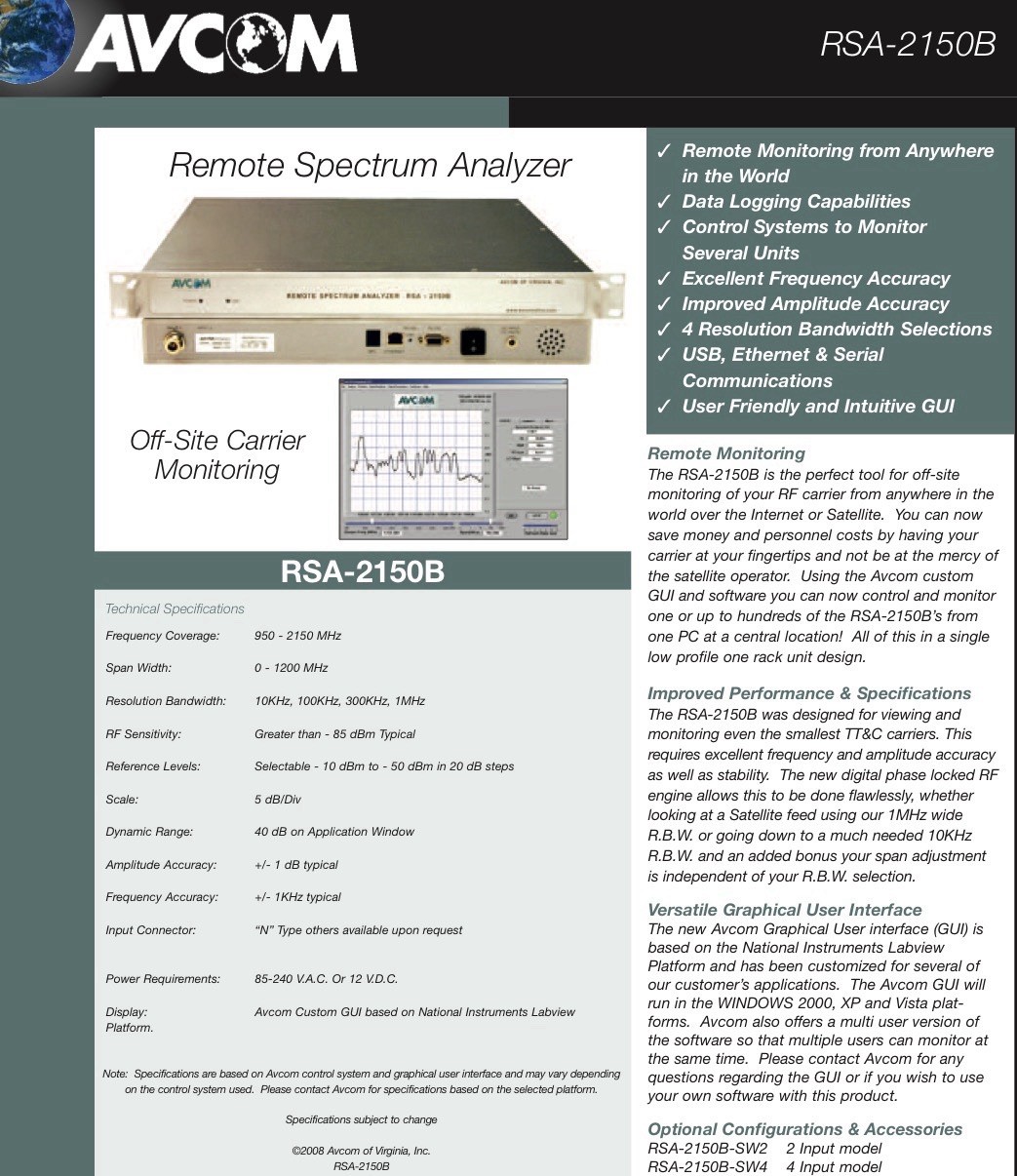 AVCOM RSA-2150B Remote Spectrum Analyzer: 950-2,150MHz FreeShipping