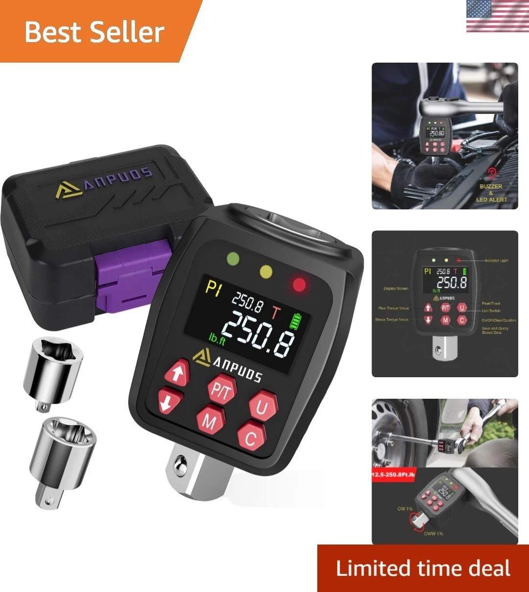 1/2" Digital Torque Adapter with Preset Values & Alerts - 12.5 to 250.8 Ft-lb
