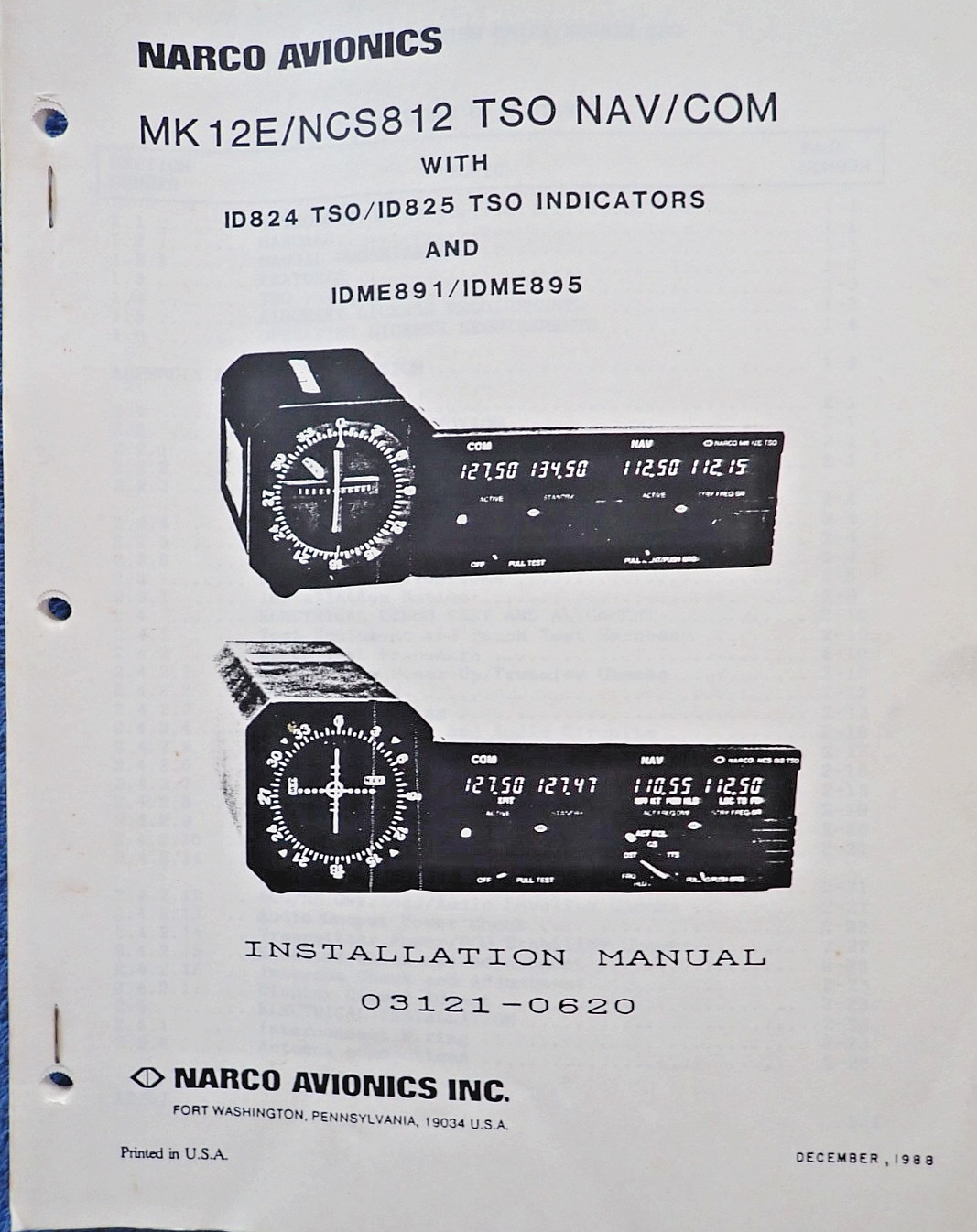 Narco MK12E / NCS812 Nav-Com ID824 - ID825 VOR/LOC & GS Indicator Install Manual