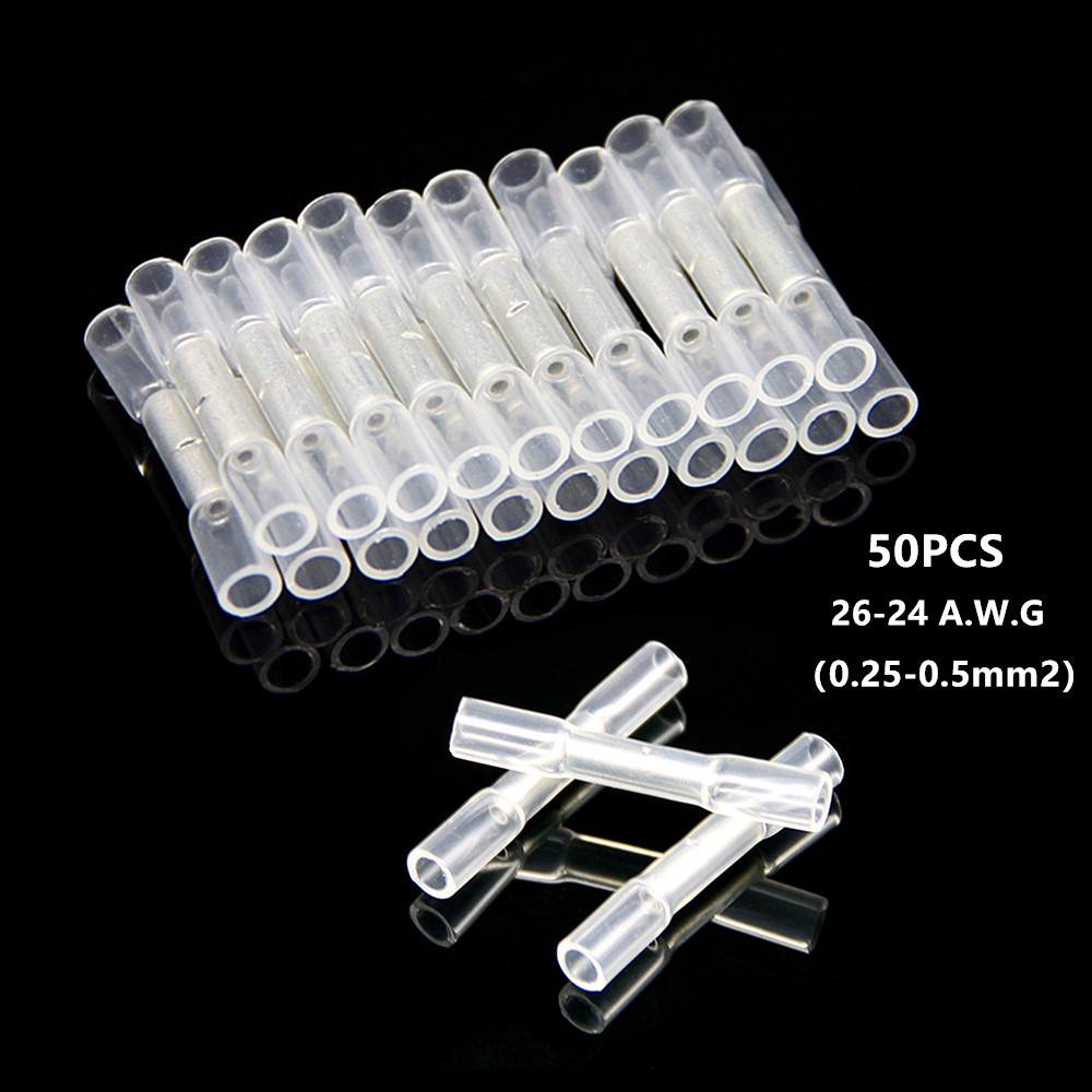 50PCS 26-24AWG Heat Shrink Wire Butt Connector Waterproof Crimp Splice Terminals