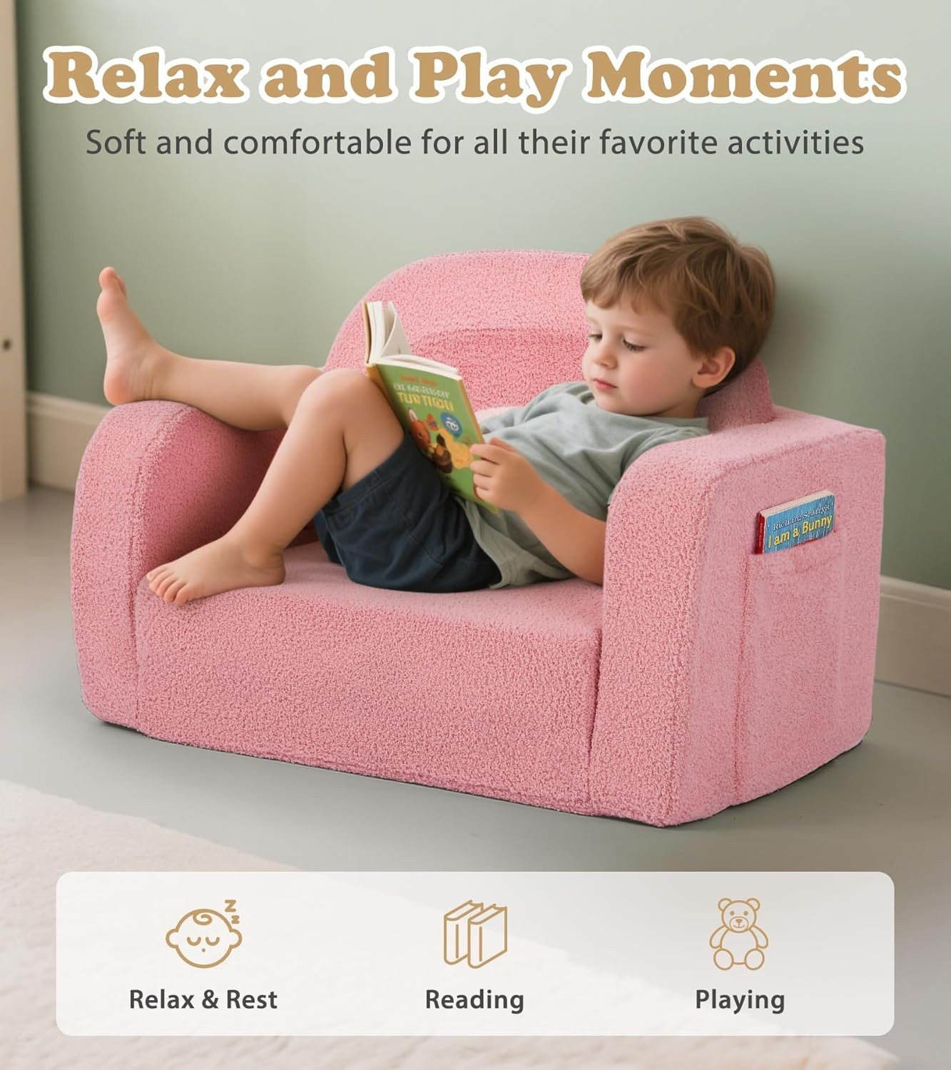 Kids Couch Toddler Sofa Fold Out with Blanket Pink Rainbow Portable Playroom