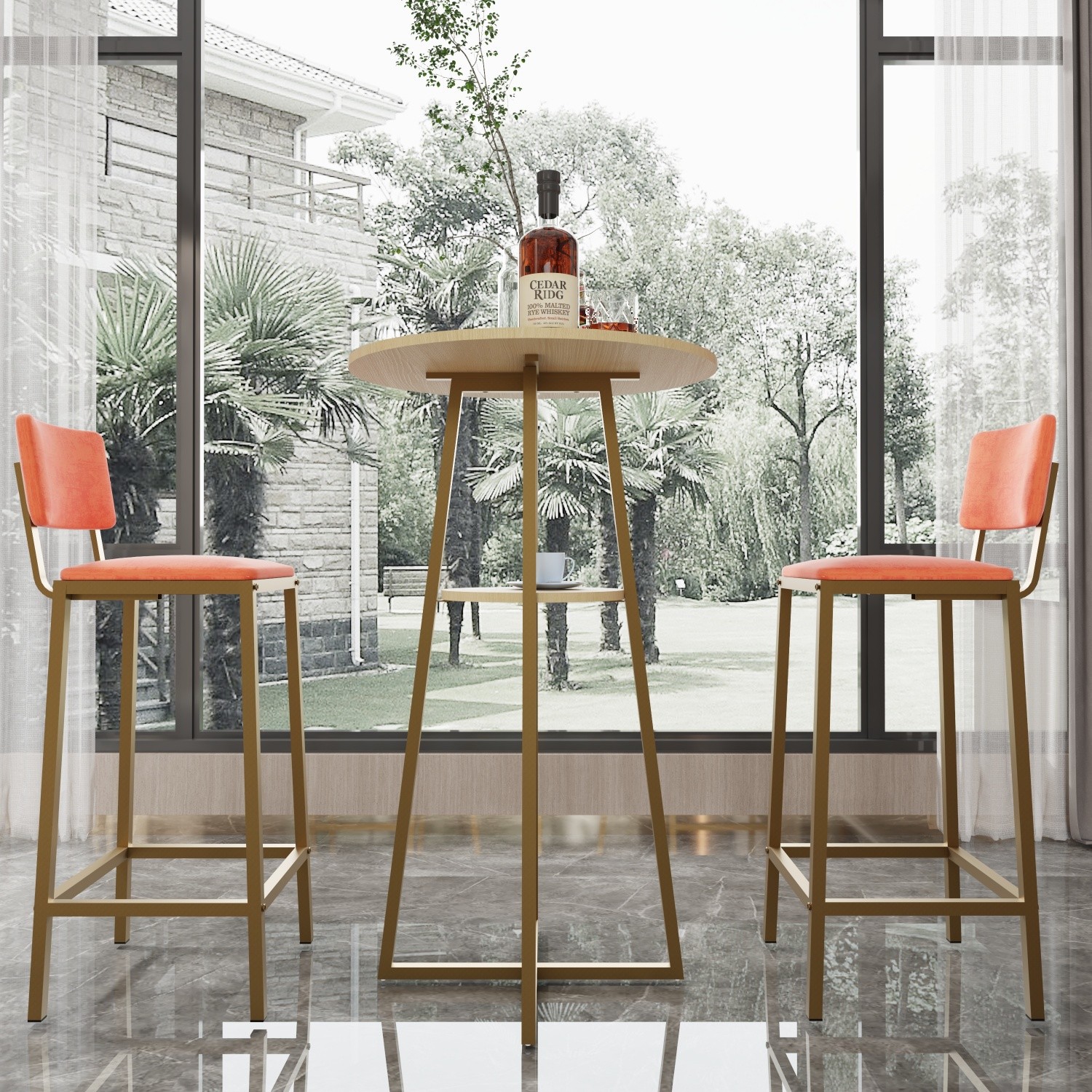 3 Piece Bar Table Set Counter Height Kitchen Round Dining Table w/ 2 Bar Chairs
